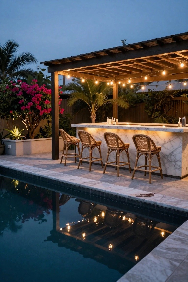 Outdoor poolside bar with marble countertop and four rattan bar stools under a wooden pergola with string lights at dusk, surrounded by palms, bougainvillea, and a rectangular pool.