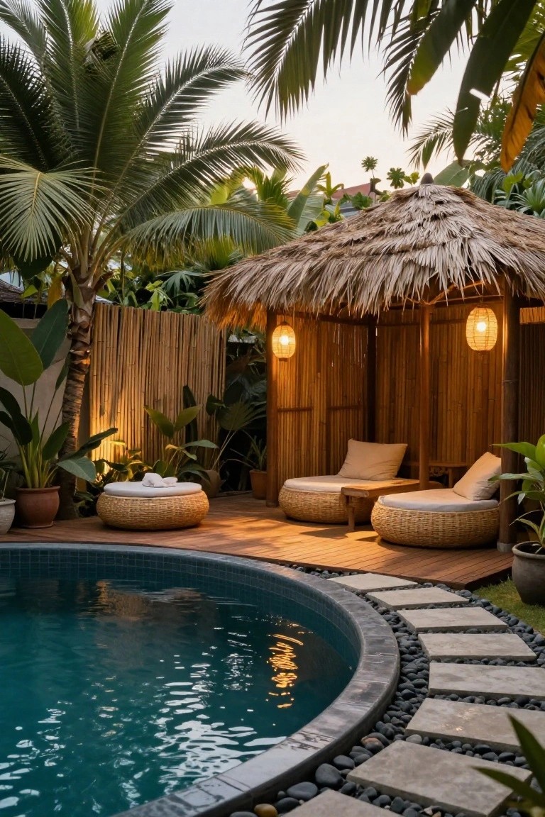 Round turquoise tank swimming pool edged with black pebbles and stone steps, next to a thatched-roof bamboo pavilion with two rattan loungers and cushions, surrounded by palms, ferns, and bamboo fencing at dusk.