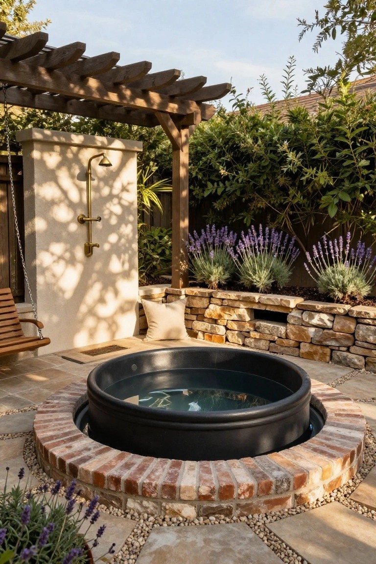 Outdoor patio with a round black stock tank plunge pool set into a brick surround, flanked by stone walls, lavender plants, an outdoor shower on a stucco wall, wooden swing, and pergola overhead.
