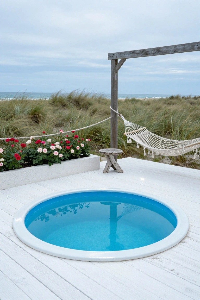 Round blue above-ground tank swimming pool centered on a white wooden deck, with a hanging hammock, wooden stool, potted roses, and beach dunes visible in the background.