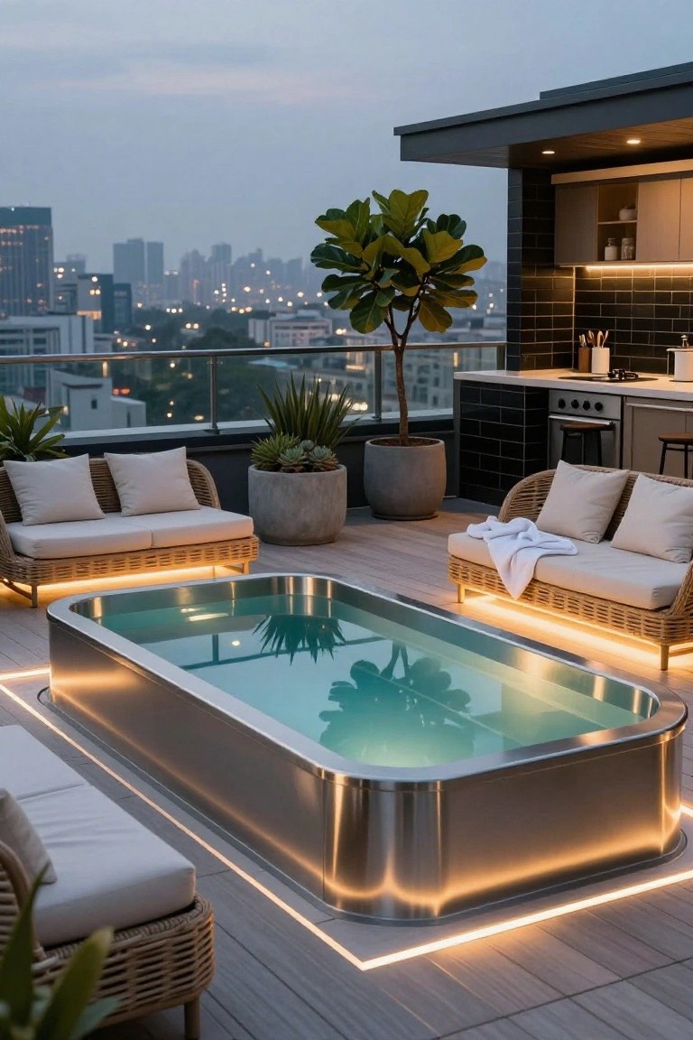 Rooftop terrace at dusk with a rectangular stainless steel tank pool filled with turquoise water, edge LED lighting, rattan lounge chairs and sofa, potted plants, outdoor kitchen, glass railing, and city skyline view.