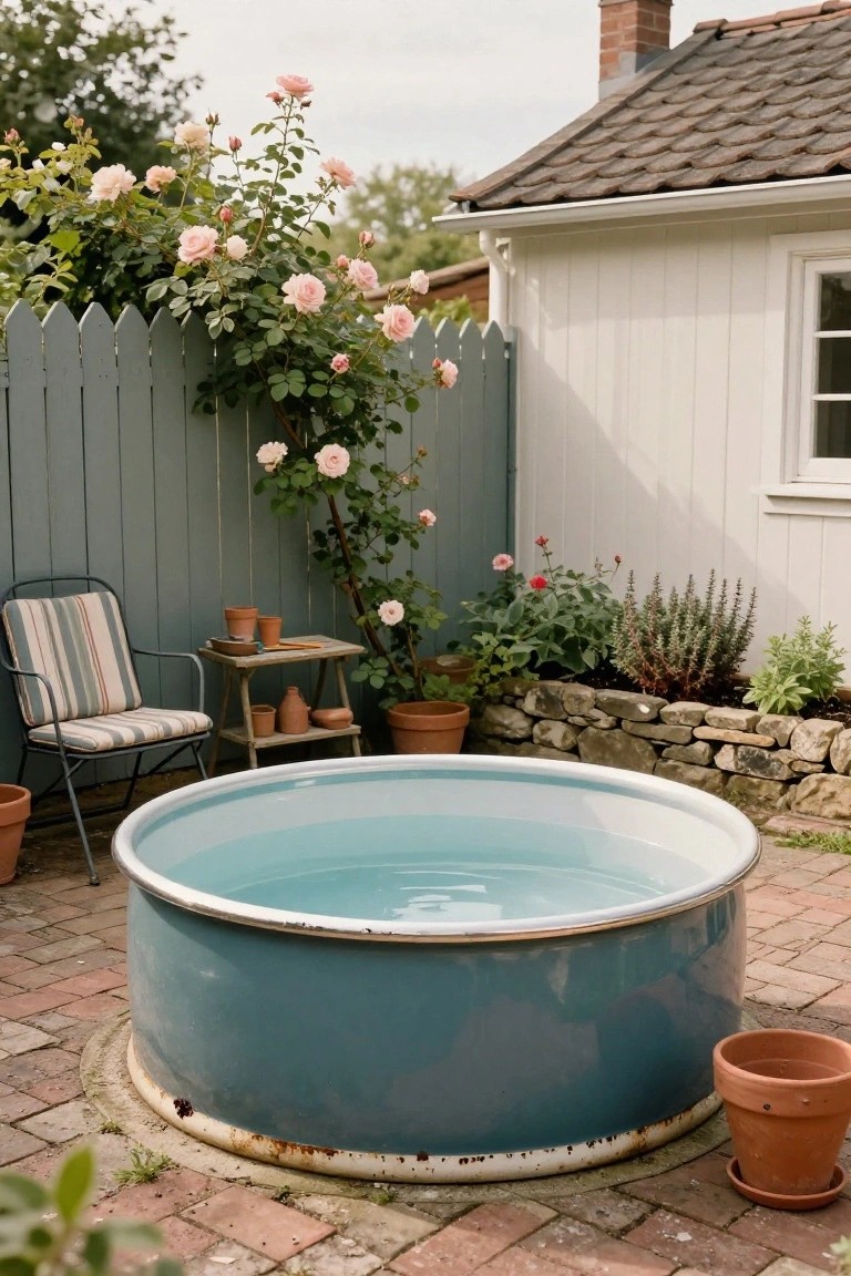 A large turquoise galvanized stock tank filled with water as a pool in a backyard on brick pavers, next to a striped chair, potted plants, climbing pink roses on a green fence, a stone wall bed with herbs, and a white wooden shed.