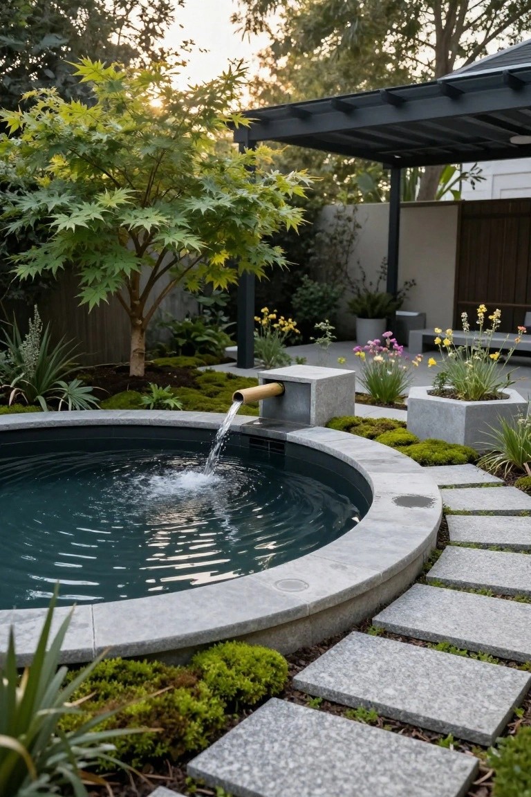 Circular dark stone tank pool with water flowing from a horizontal bamboo spout into the center, edged in gray stone with moss-covered paths, plants, and a bench nearby in a landscaped garden.