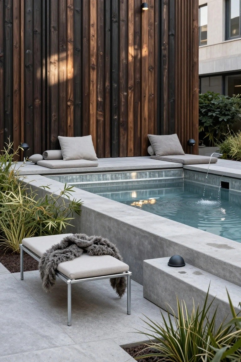 Small rectangular tank pool with clear blue water and spillover edge, featuring built-in concrete benches with gray cushions against a dark wooden slat wall, surrounded by potted plants, a fur throw on a metal lounger, and concrete paving.