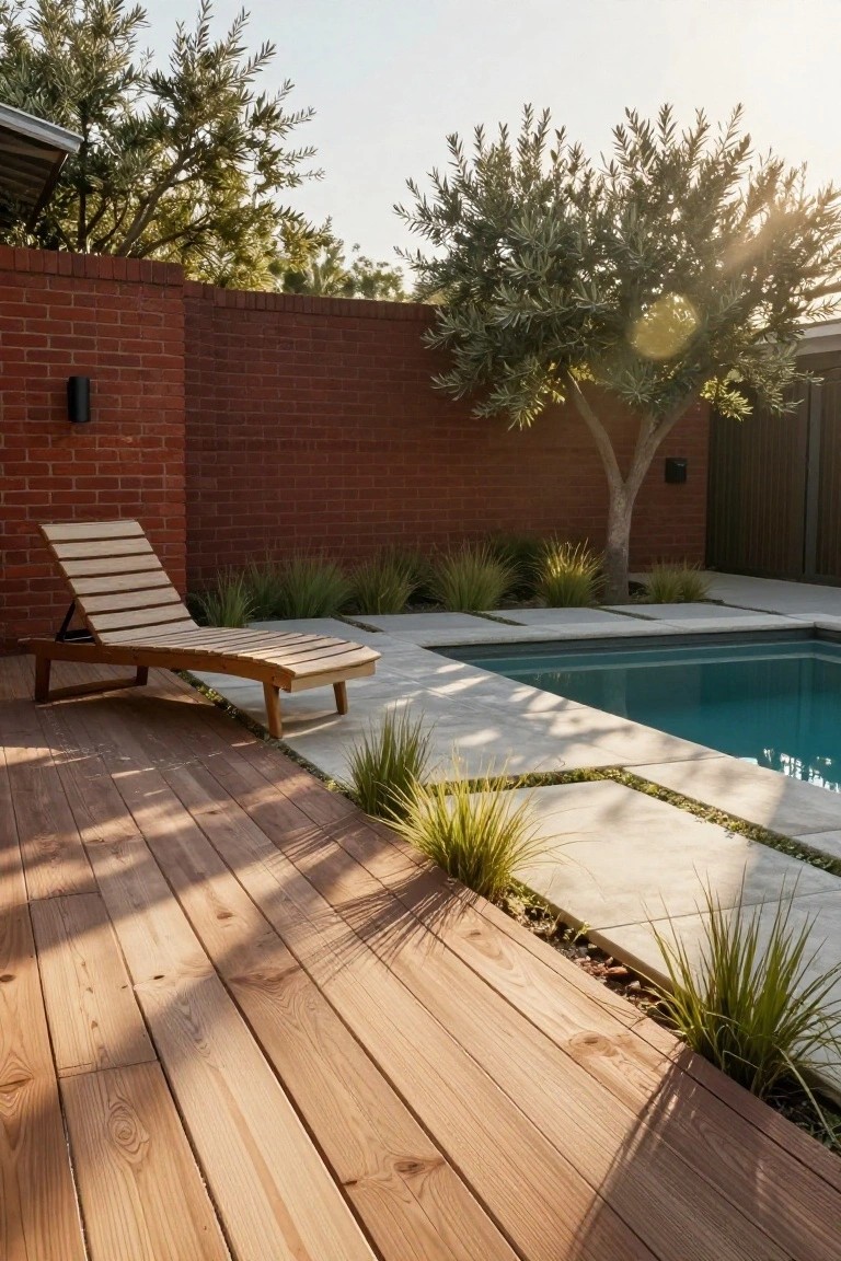 Wooden chaise lounge on a deck adjacent to a rectangular turquoise swimming pool, with concrete pavers, ornamental grasses, a brick wall, and olive trees nearby.