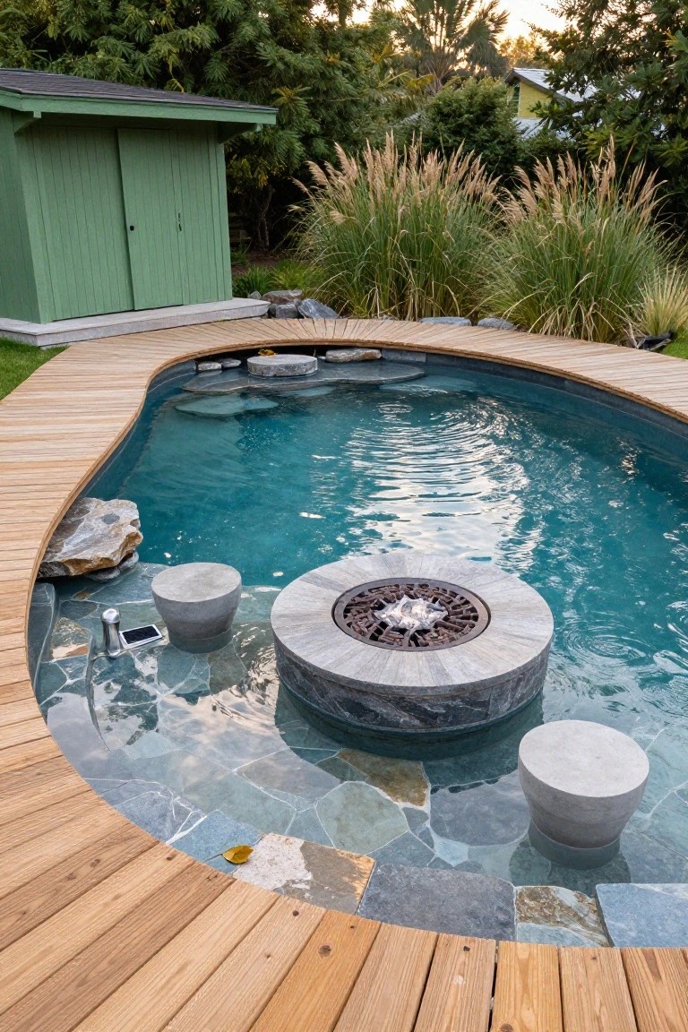 Curved turquoise pool with central circular stone fire pit, two concrete stools in the water around it, wooden decking edge, natural rocks, and surrounding tall grasses and green shed.