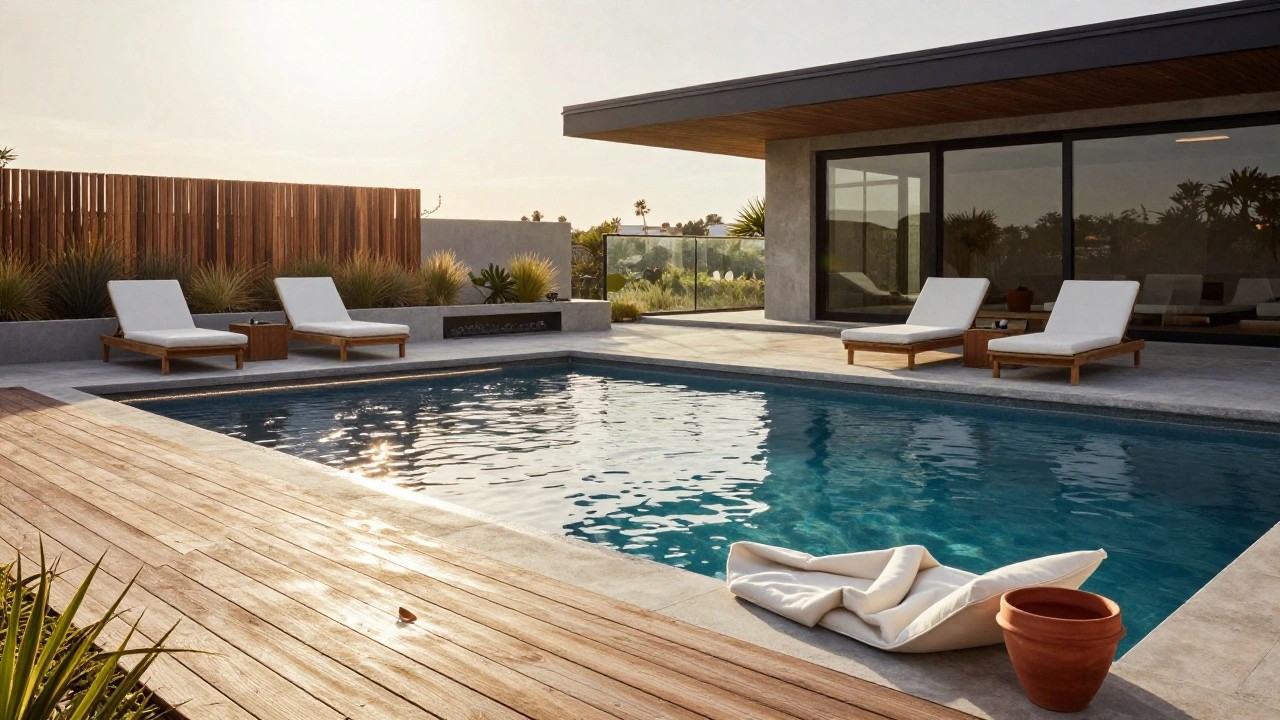 Modern pool deck with white cushioned teak lounge chairs on concrete, wood decking strip along the dark-tiled pool edge, concrete steps leading to a wood-and-glass house exterior, potted plants and grasses nearby at sunset.