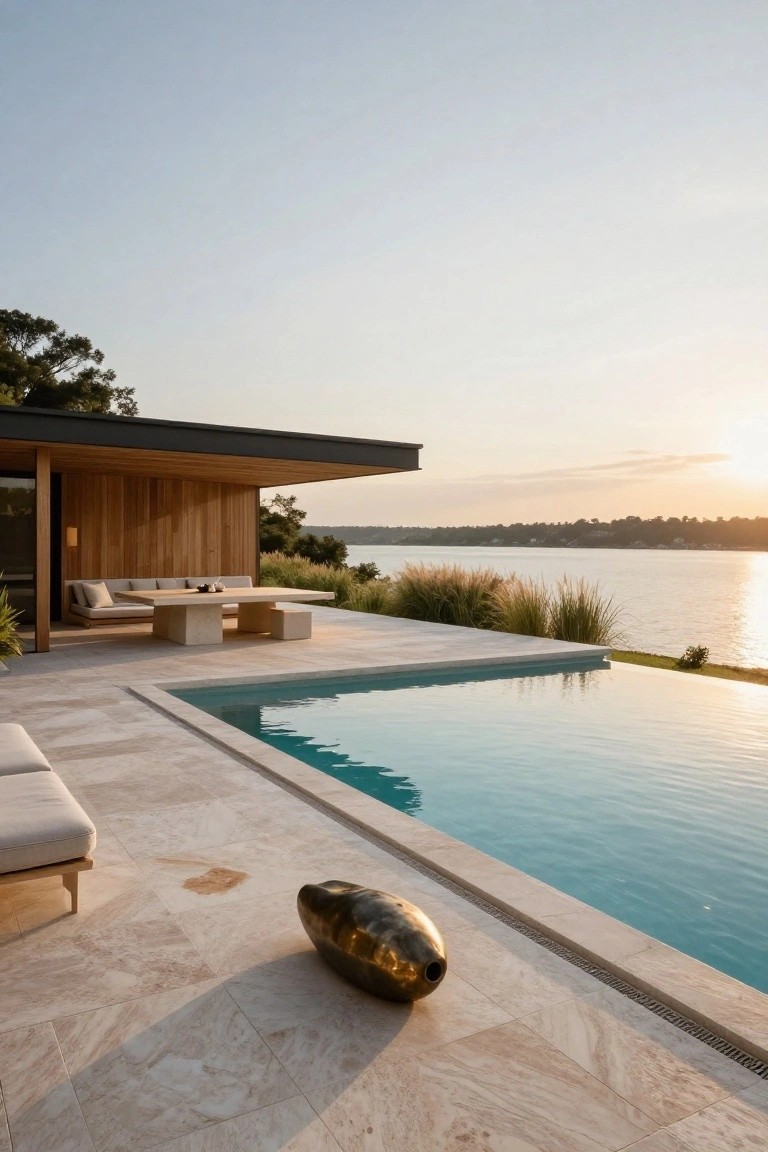 Modern infinity-edge pool on a travertine terrace next to a wooden pavilion with built-in bench seating and low table, overlooking a lake at sunset with tall grasses and trees nearby.