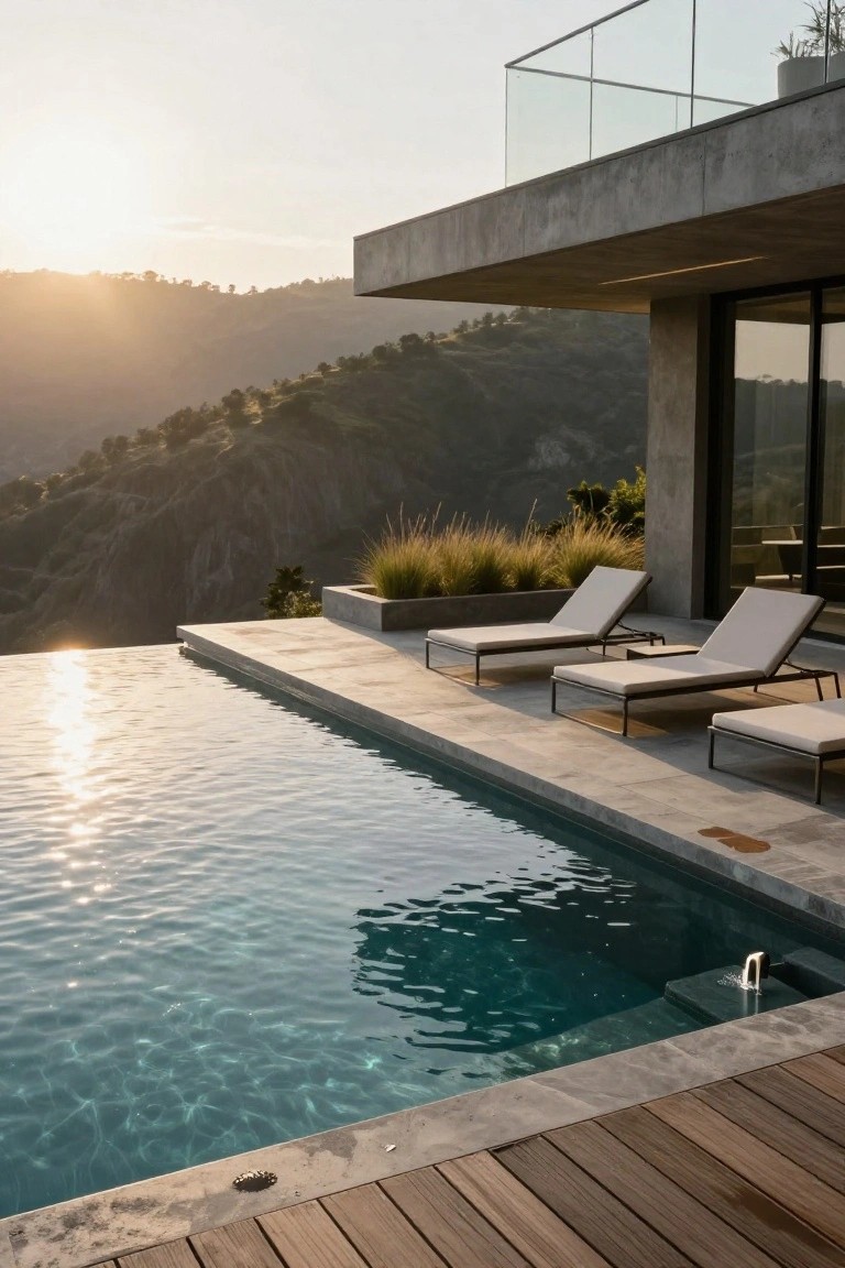 Modern infinity-edge pool on a concrete terrace with beige lounge chairs and potted grasses, adjacent to a sleek concrete house, overlooking mountains at sunset.
