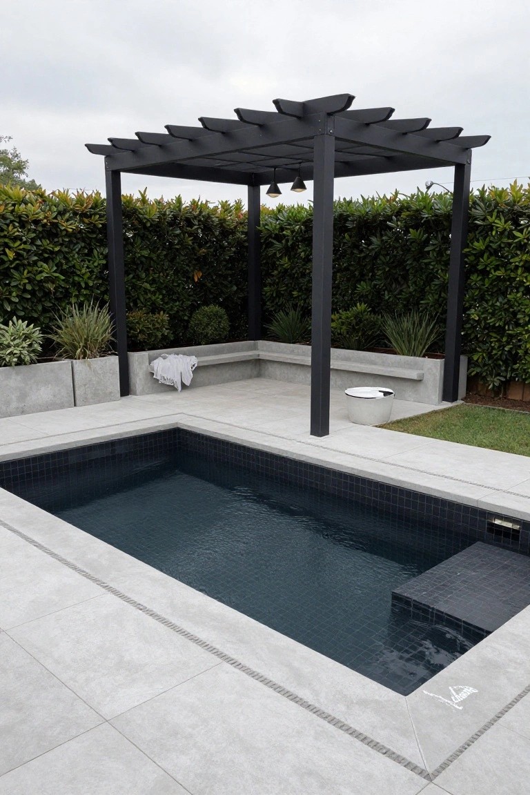 Small rectangular plunge pool lined with black mosaic tiles and light gray concrete decking around it, under a black wooden pergola with hedges, potted plants, a bench, and a white bucket nearby in an outdoor backyard area.