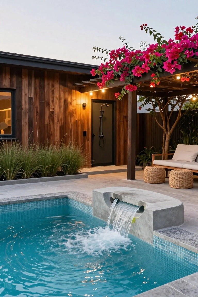 Small turquoise-tiled plunge pool with concrete waterfall feature on patio, wooden house wall with outdoor shower door nearby, bougainvillea-covered pergola, cushioned bench, ottomans, potted plants, and grasses.
