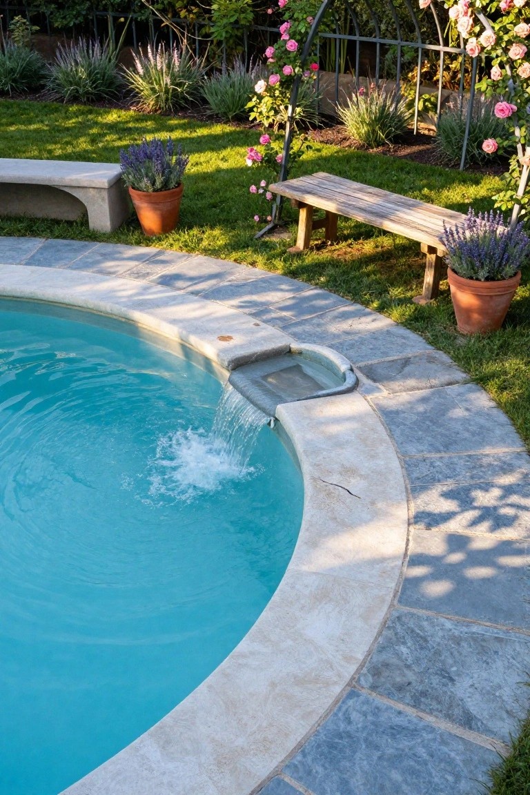 Curved turquoise swimming pool with gray stone waterfall basin on the edge spilling water into the pool, surrounded by beige stone coping, dark slate deck tiles, green grass lawn, potted lavender plants, wooden bench, and garden flowers.