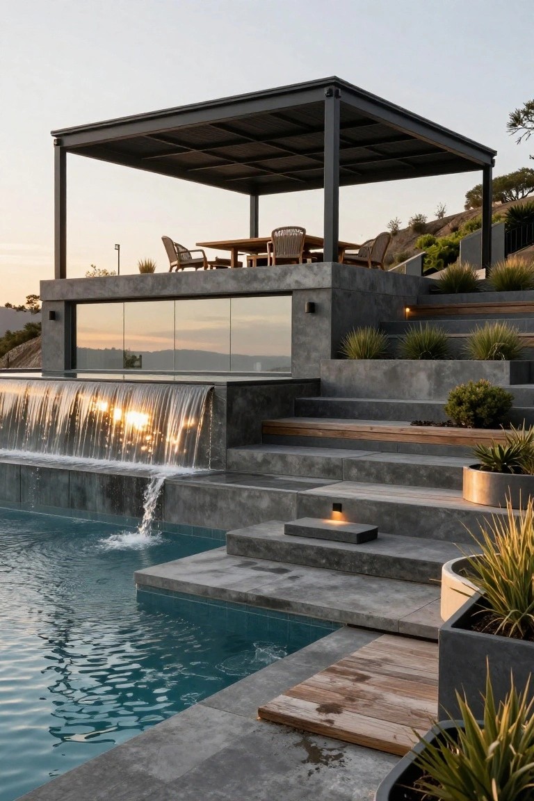 Modern infinity-edge pool with waterfall cascading from raised gray concrete terrace, surrounded by steps, plants, and elevated pergola with dining table.