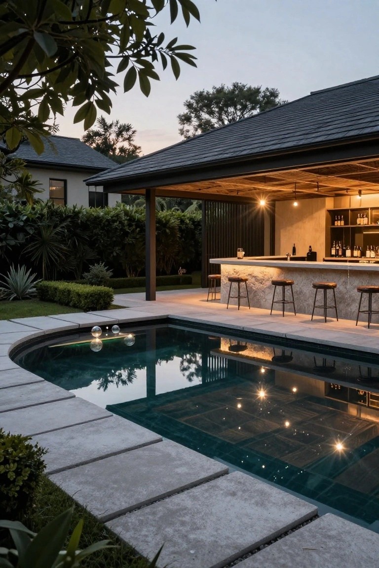 Curved dark green pool with floating illuminated orbs and underwater lights, adjacent stone bar with five high stools under open wooden pavilion, tropical plants and distant houses at dusk.