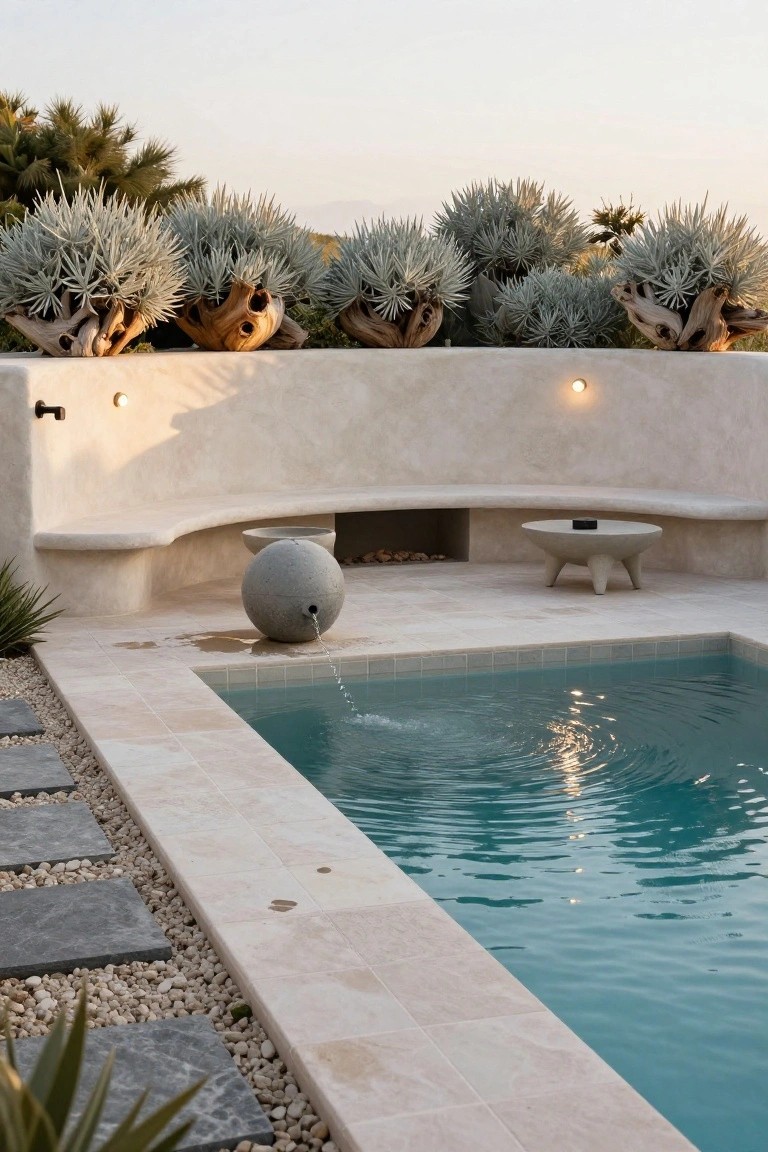 Curved beige stucco bench with integrated fire pit beside a turquoise pool, gray concrete sphere fountain spilling water into the pool, pebble ground cover, stepping stones, and agave plants against a textured wall.