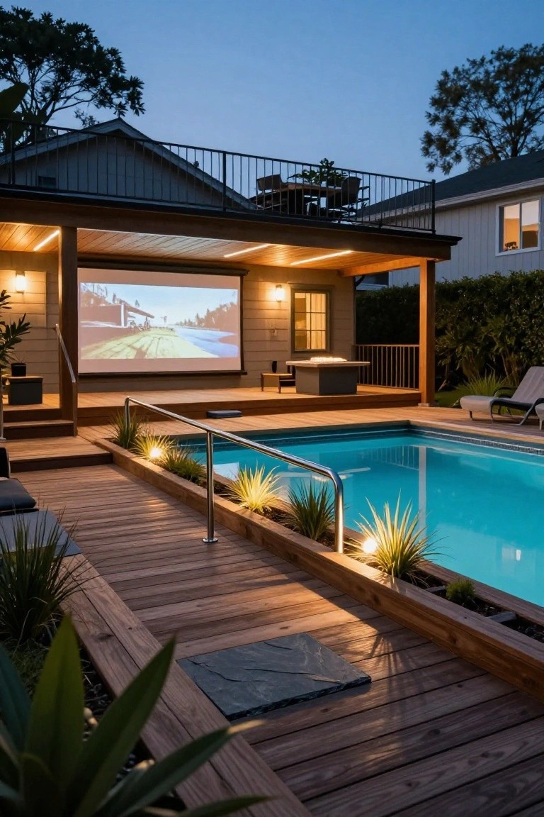 Backyard pool area at dusk with elevated wooden deck holding a large projection screen showing a landscape image, lounge chairs, fire pit table, pool railing, plants, and ambient lighting.