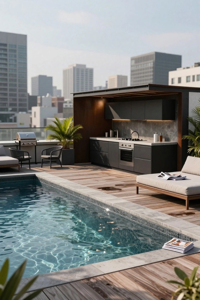 Rooftop terrace with rectangular swimming pool edged in wood decking, adjacent outdoor kitchen with dark cabinets, gas grill, lounge chairs, potted palms, and city skyline view.