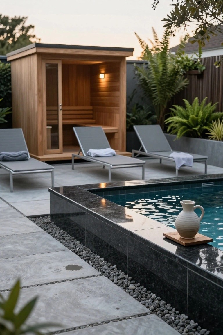 Wooden outdoor sauna cabin beside a black-edged blue swimming pool on a concrete patio with gray lounge chairs, towels, plants, and pebble accents.