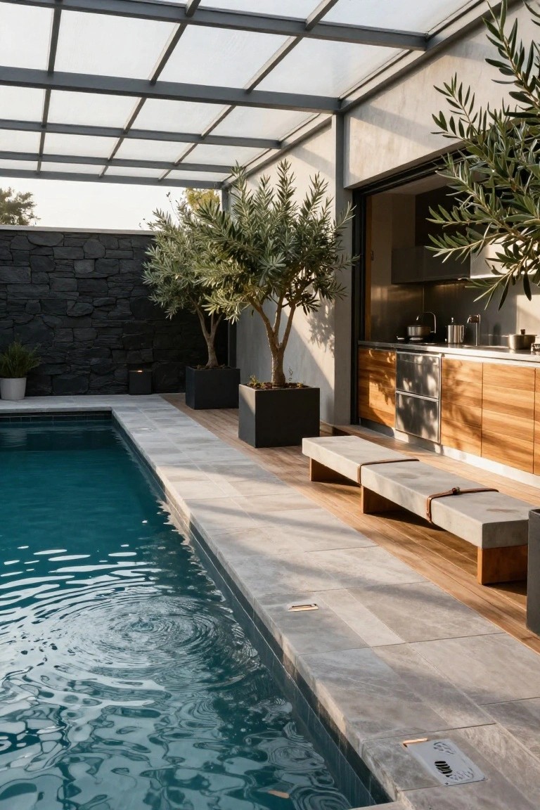 Modern swimming pool with light gray stone decking, wooden deck platform holding a long concrete bench with leather straps, adjacent outdoor kitchen with wood cabinets, potted olive trees, and glass-paneled roof structure against a stone wall.