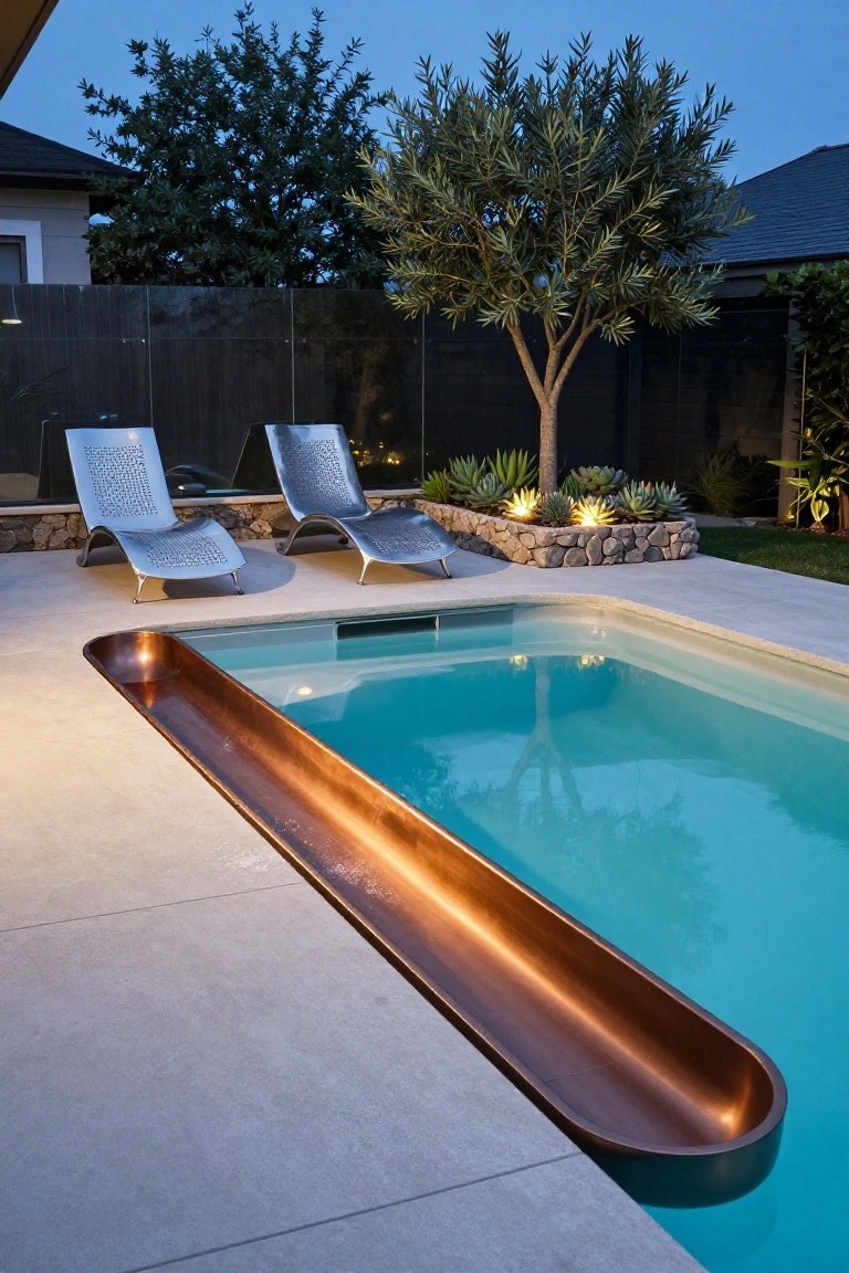 Curved copper-edged lap pool integrated into a light gray stone deck at dusk, with two metallic lounge chairs, succulents in a rock planter, an olive tree, and black glass fencing nearby.