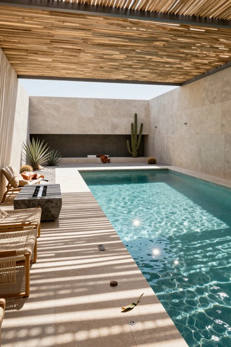 Rectangular turquoise pool in a beige stucco courtyard with wooden slatted pergola overhead casting shadows on the water and deck, rattan lounge chairs, stone fire table, agave plants, and tall cactus against the walls.