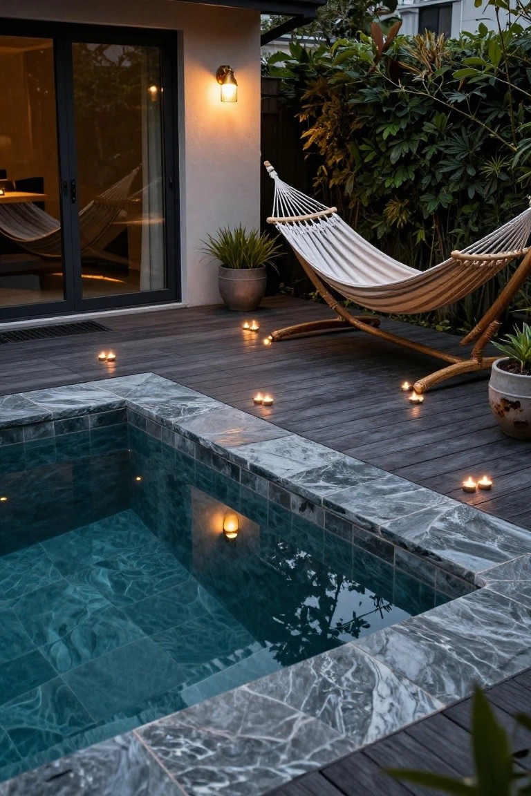 A small rectangular turquoise-tiled plunge pool on a dark wood deck, surrounded by numerous tea light candles, with a white hammock on a bamboo stand, potted plants, and sliding glass doors leading to an interior room.