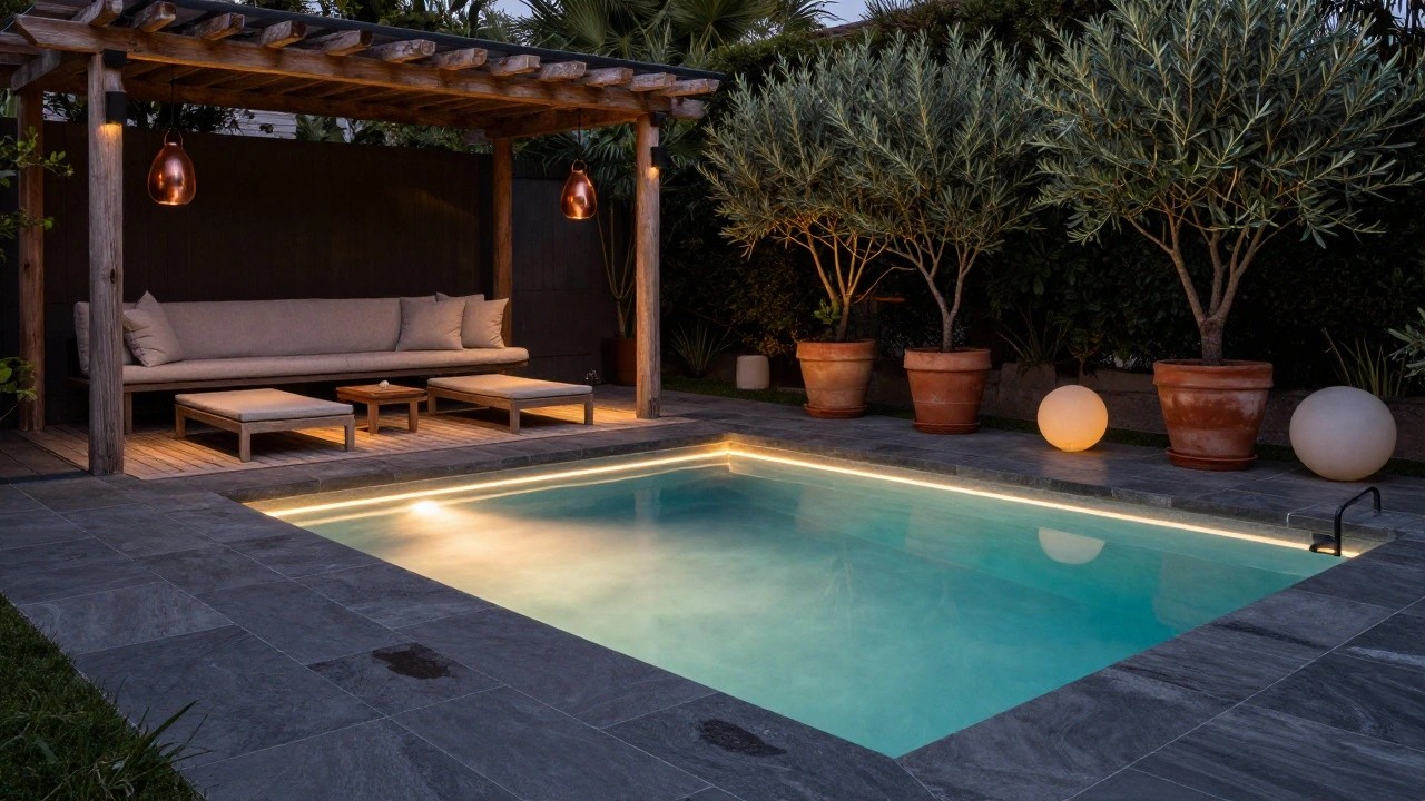 Backyard pool at night with thin LED lights glowing along the black stone edges, turquoise water reflecting the light, wooden loungers on a deck, potted plants, olive trees, and warm lamps under a wooden pergola.