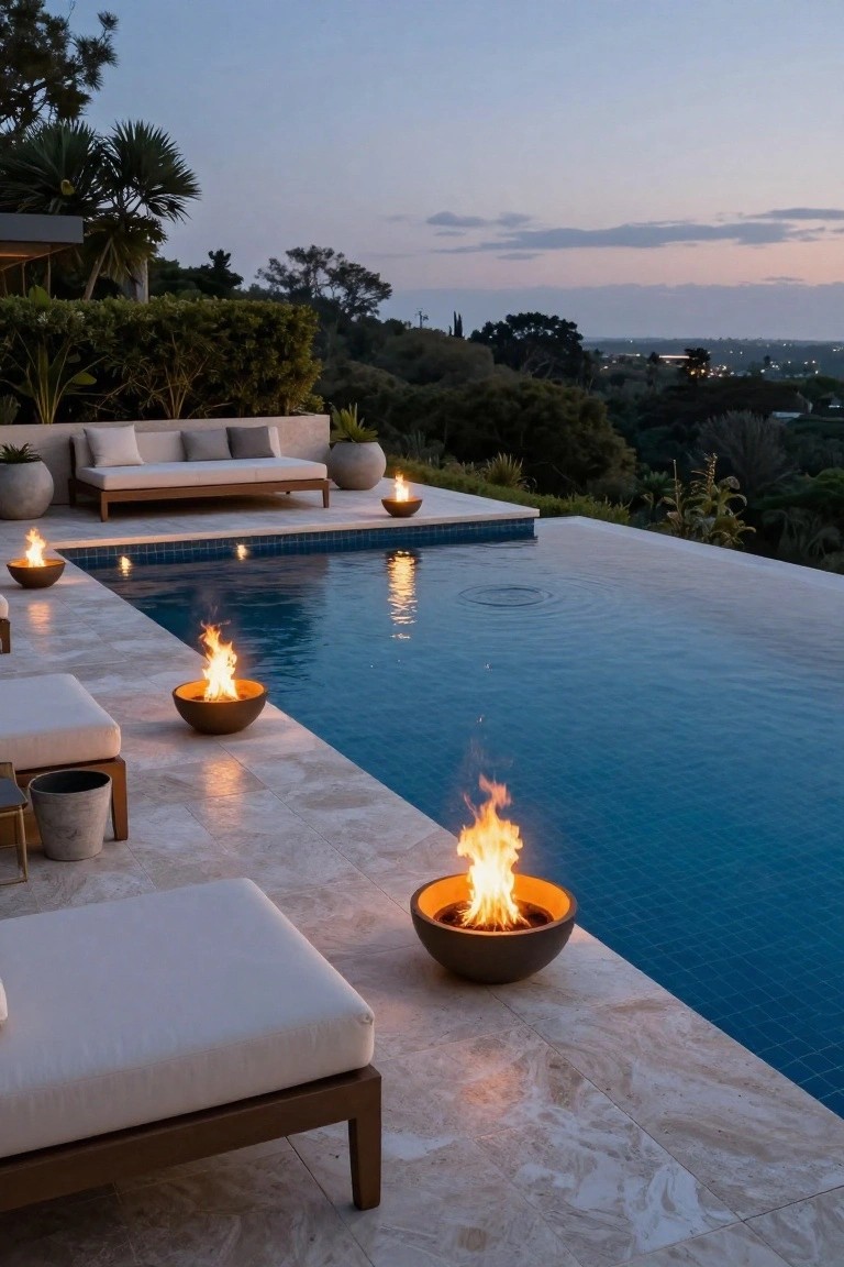 Infinity-edge pool at dusk lit by several fire bowls on a travertine-tiled deck with lounge seating, potted plants, and tropical landscaping overlooking hills and distant lights.