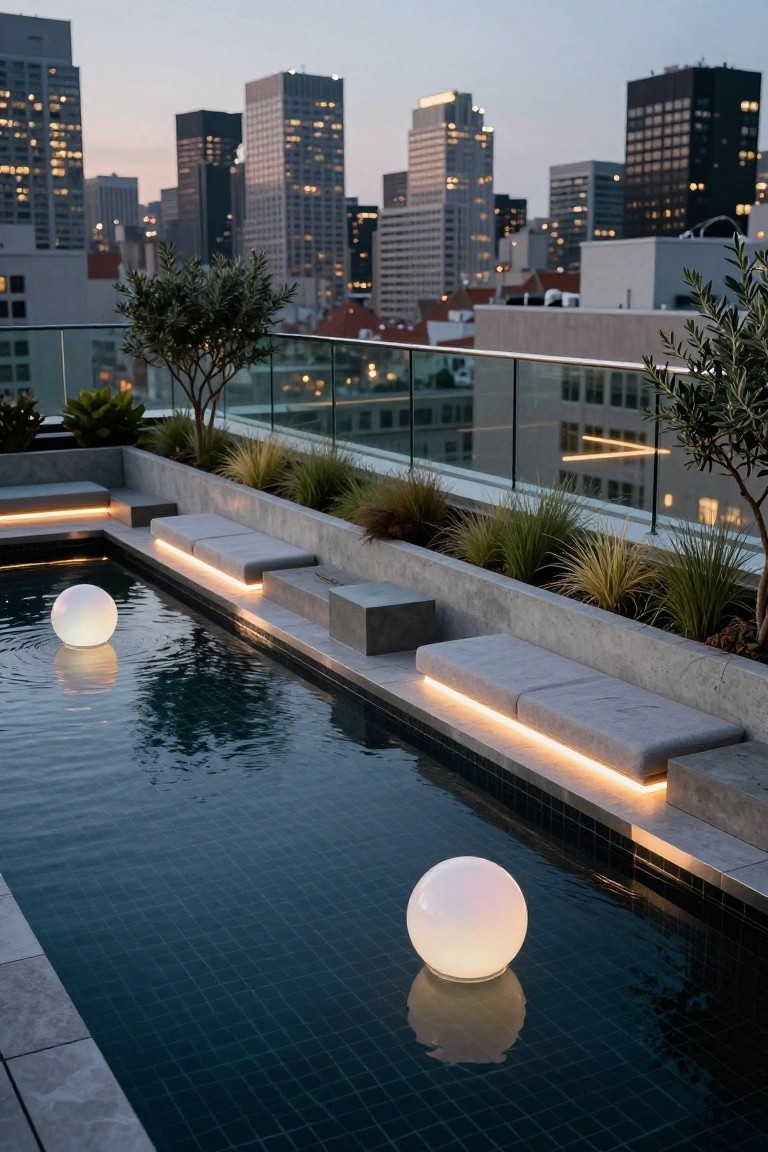 Rooftop pool at dusk with two large white spherical lights floating in dark tiled water, concrete benches lit by edge LEDs, potted plants and grasses along the edges, glass railing, and city high-rises in the background.