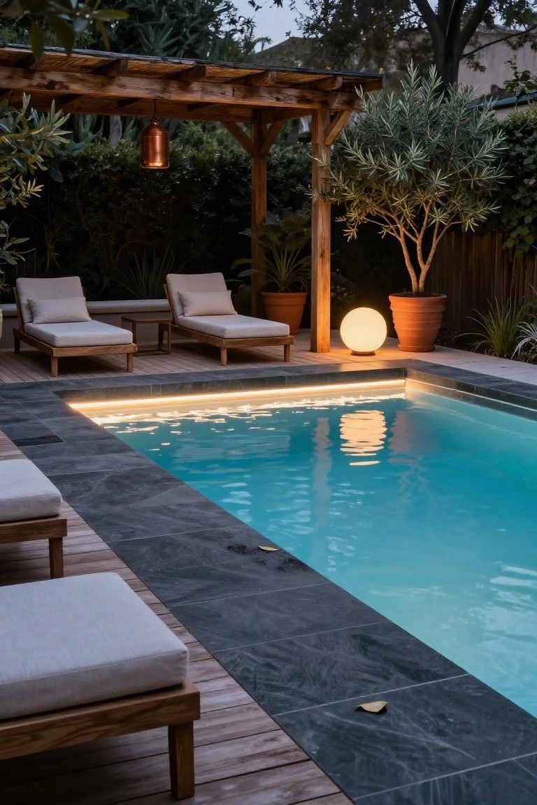 Backyard pool at night with thin LED lights glowing along the black stone edges, turquoise water reflecting the light, wooden loungers on a deck, potted plants, olive trees, and warm lamps under a wooden pergola.