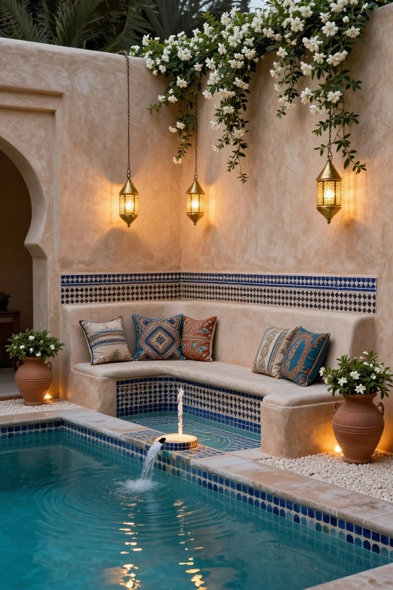 Small turquoise pool with fountain in a Moroccan-style stucco courtyard at night, lit by hanging brass lanterns, built-in cushioned bench with patterned pillows, blue tiled accents, climbing white flowers, potted plants, and terracotta pots.