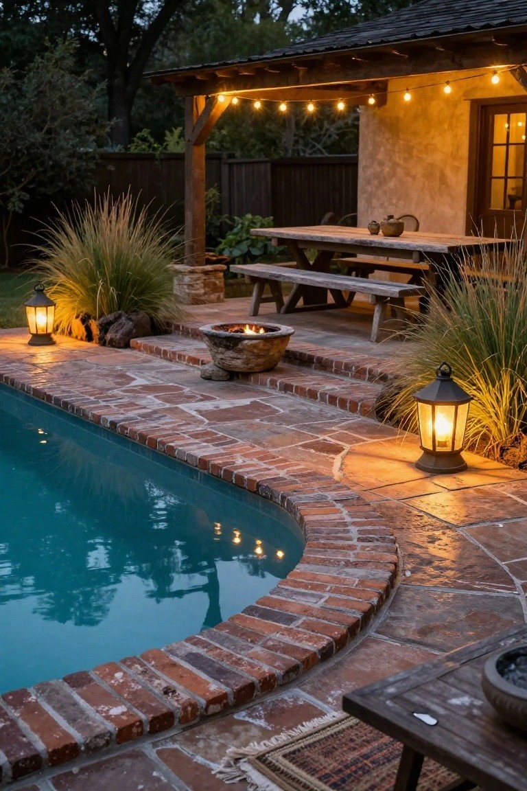 Dusk-lit backyard pool area with turquoise water edged by brick pavers and steps, surrounded by black metal lanterns, string lights under a wooden pergola, a stone fire pit, wooden benches, and tall grasses.