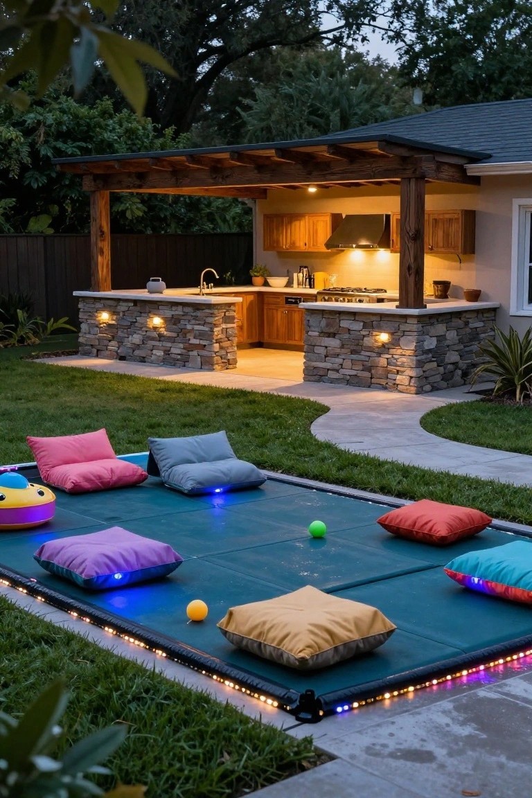 Outdoor pool covered with a blue mat holding colorful pillows, inflatable toys, and balls, edged by glowing LED lights at dusk, next to a stone outdoor kitchen under a wooden pergola.