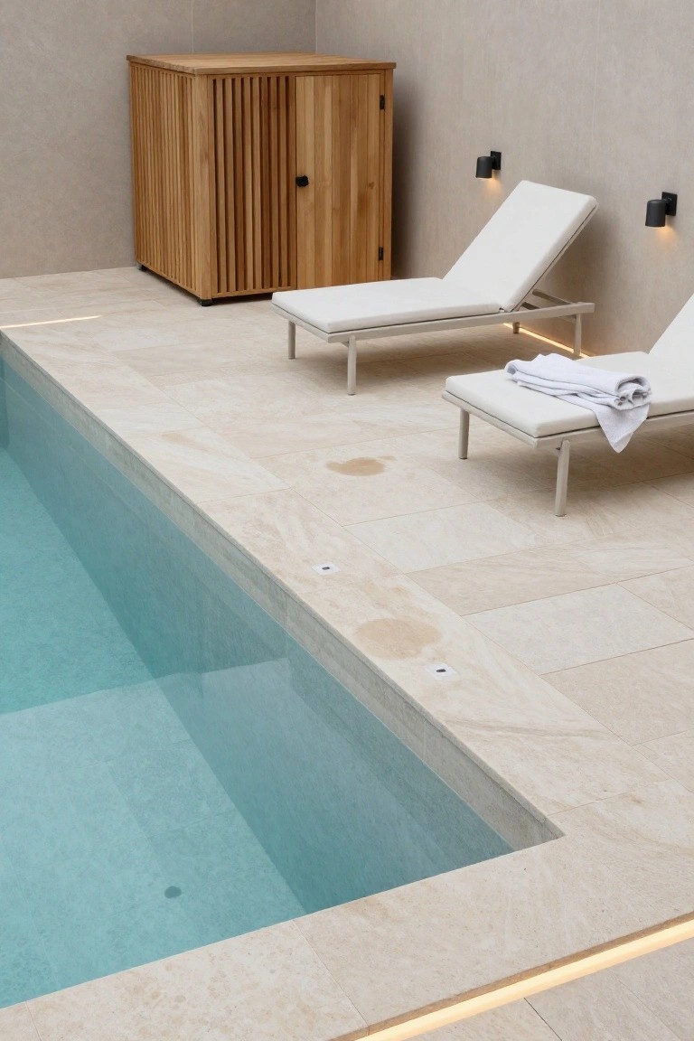 Close-up view of a turquoise pool with beige travertine decking, two white loungers one with a white towel, a wooden slatted cabinet, black wall-mounted cylindrical lights, and thin glowing LED strips along the edges at dusk.
