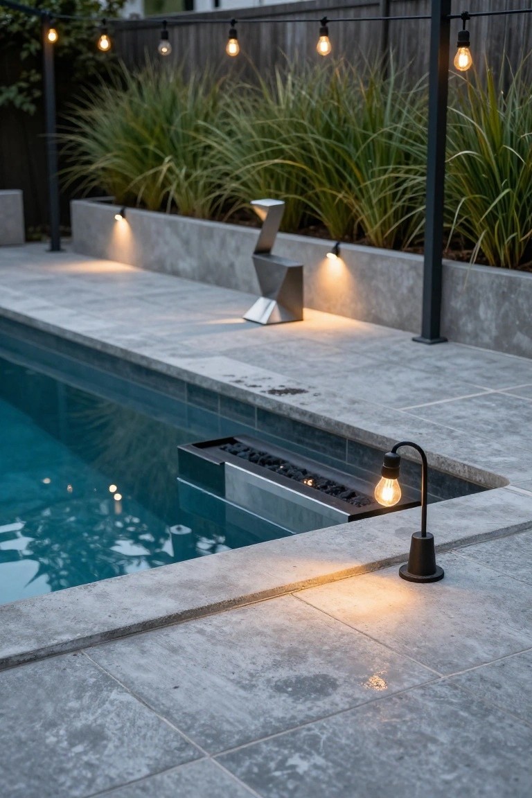 Pool Edge Lighting with Fire and Lamp