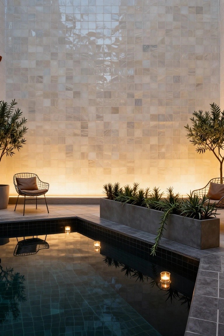 Small dark-tiled pool at night with floating candles and edge lights, beige tiled walls with warm backlighting, potted plants, olive trees, and wire-frame chairs alongside.