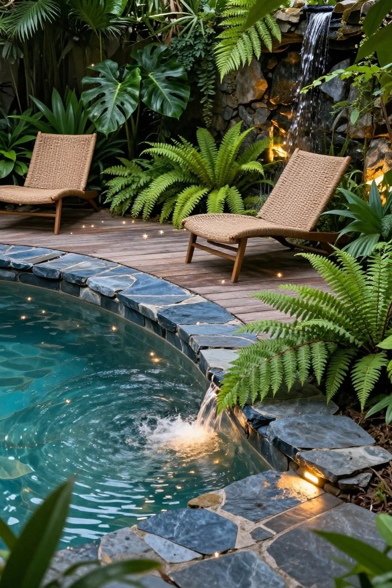 Curved turquoise swimming pool with stone waterfall, lush tropical plants, rattan lounge chairs on wooden deck with blue stone edging, illuminated by underwater lights and perimeter deck spots at night.
