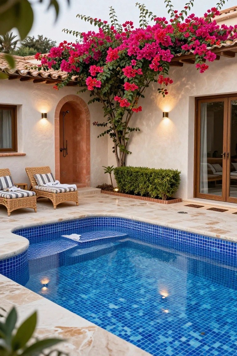 Small curved blue mosaic-tiled pool on a travertine patio with two rattan lounge chairs, white stucco walls featuring an arched outdoor shower, wooden doors and windows, bougainvillea vines, boxwood hedge, palm plants, and wall sconces illuminating the evening scene.