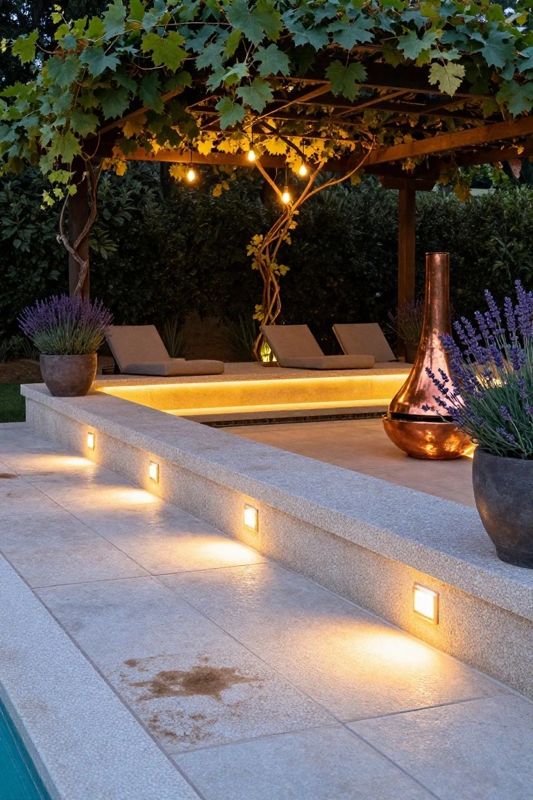 Nighttime view of a pool edge with recessed wall lights glowing warmly along a stone ledge, vine-covered pergola with string lights overhead, lounge seating, lavender plants, and a copper fire bowl nearby.