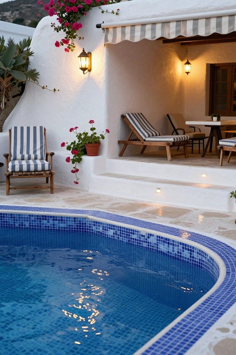 White stucco terrace with striped lounge chairs, potted plants, wooden steps, and a curved blue mosaic pool edge, illuminated by wall-mounted lanterns and step lights at dusk.