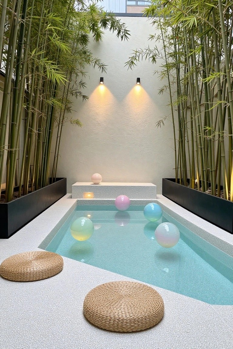 Narrow turquoise plunge pool with colorful translucent floating balls in a bamboo-enclosed courtyard, featuring black planters, rattan stools, a white bench, and two illuminated wall-mounted lights on a white wall.