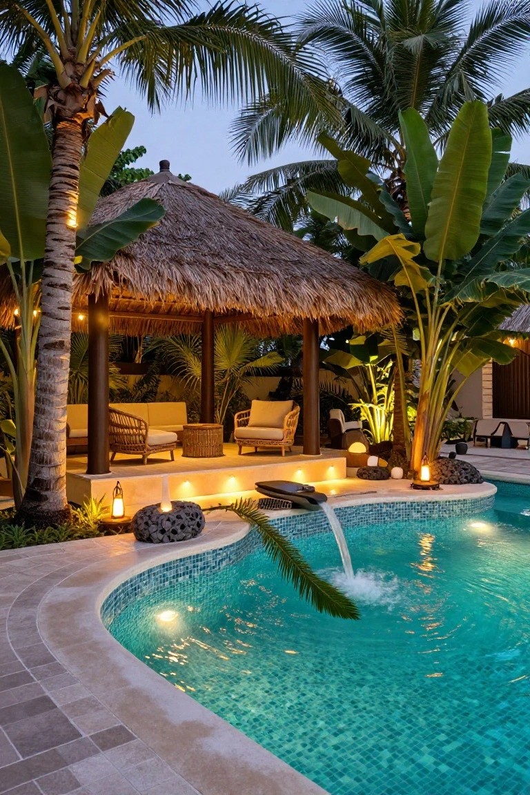Tropical pool area at dusk featuring a thatched pavilion with lounge seating, palm trees and banana plants, string lights overhead, ground lanterns, uplights on trunks, and a curved turquoise pool with waterfall and underwater lighting.