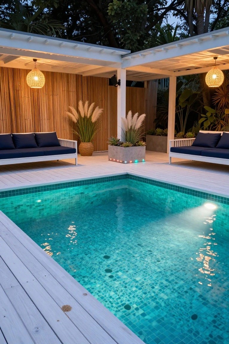 Nighttime corner pool with glowing turquoise mosaic tiles lit from underwater, white decking, navy lounge seats on either side, potted plants and pampas grass, bamboo fencing, pergola with rattan pendant lights.