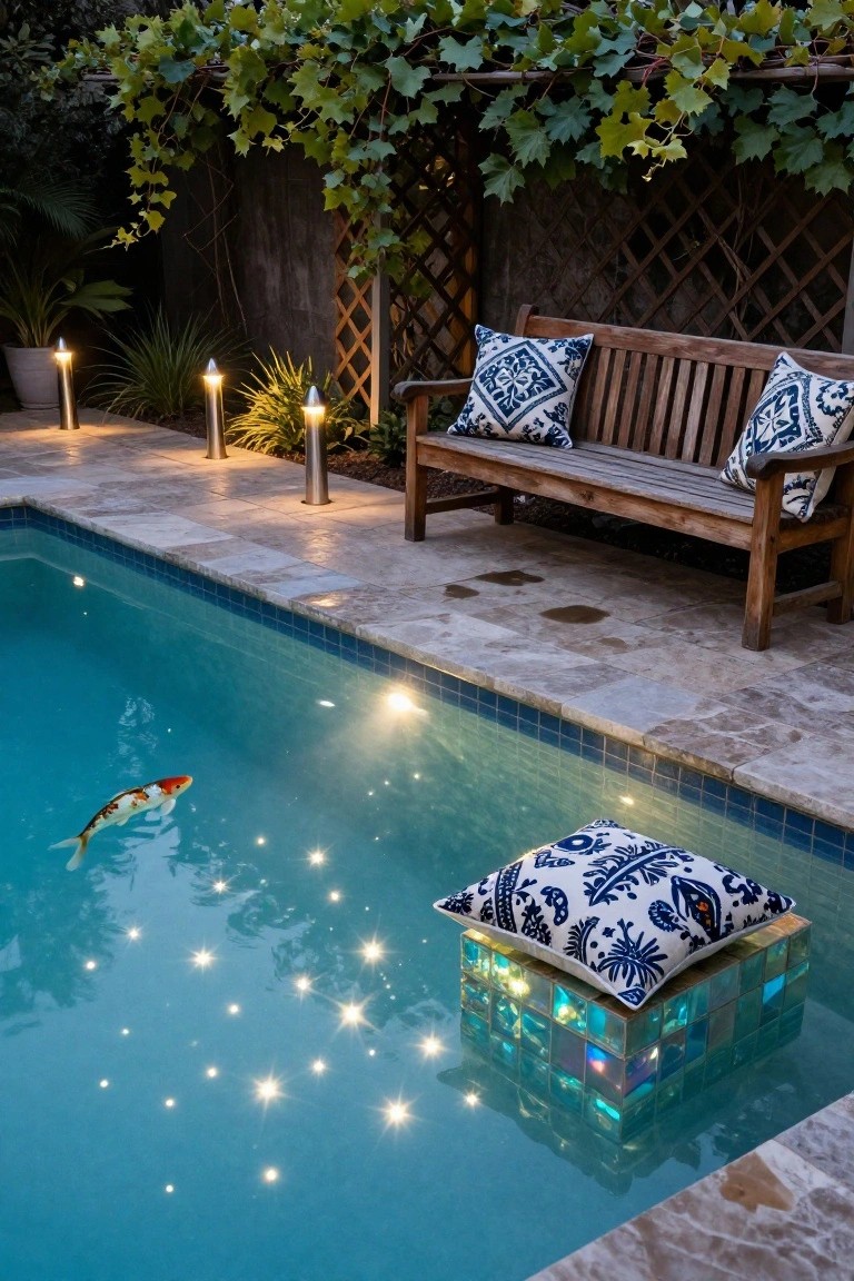 Nighttime backyard pool with blue water, a koi fish swimming, an illuminated glass mosaic pedestal holding a blue and white pillow in the pool, tall uplights along the stone deck edge, plants, and a wooden bench with cushions under a vine-covered pergola.
