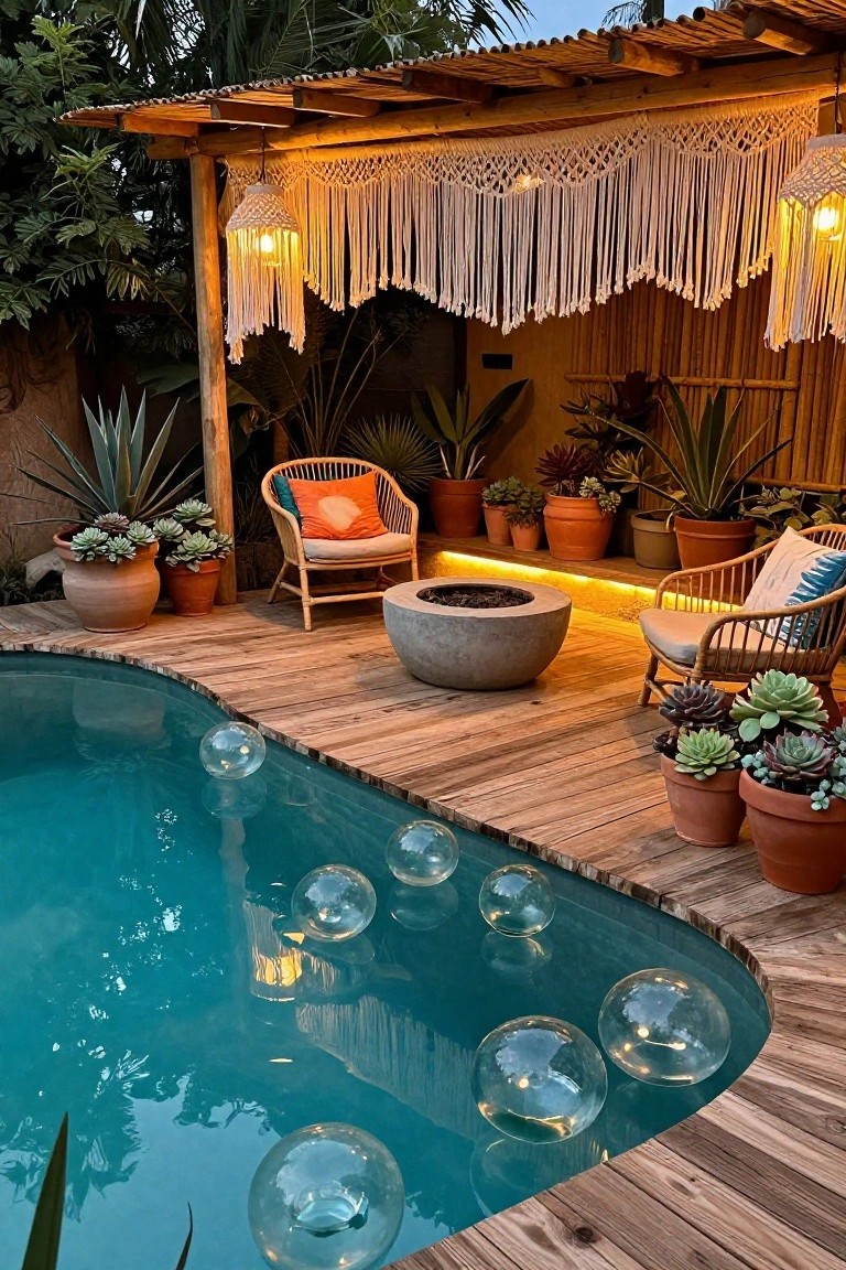 Wooden deck area beside a turquoise pool at dusk, with a pergola strung with hanging macrame lanterns, rattan chairs around a concrete fire pit, potted succulents and agaves, and large clear balloons floating in the pool.