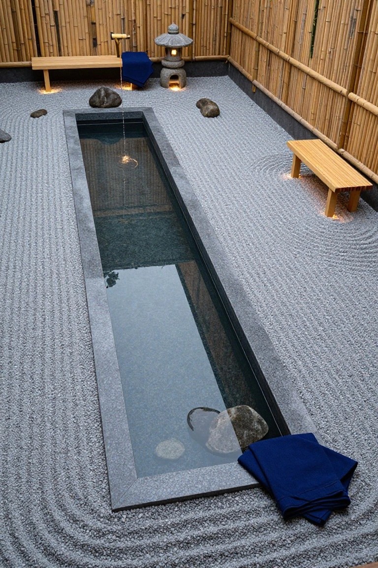 Overhead view of a long narrow pool in a zen garden courtyard, surrounded by raked gray gravel, rocks, bamboo fencing, wooden benches, blue towels, and lit stone lanterns with water gently flowing in.
