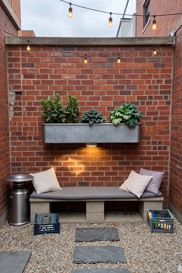 Brick-walled courtyard with overhead string lights, wall-mounted metal planter box containing plants, built-in concrete block bench with cushions, silver cylindrical stock tank, small round metal stool, blue plastic crate with toys, and gravel floor with stone pavers.