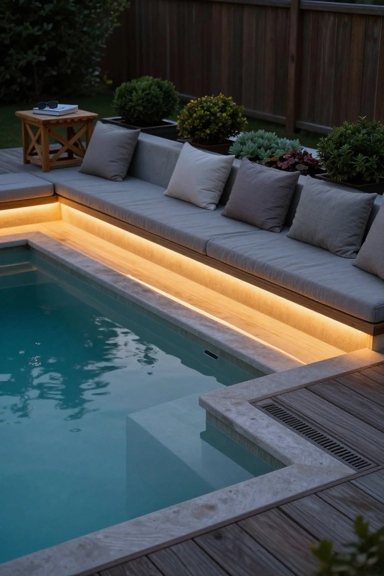 A small rectangular pool in a backyard with built-in L-shaped bench seating along one edge, LED strip lights glowing underneath the bench, gray cushions on the seats, potted plants, a wooden side table, and surrounding wooden decking and fence at dusk.