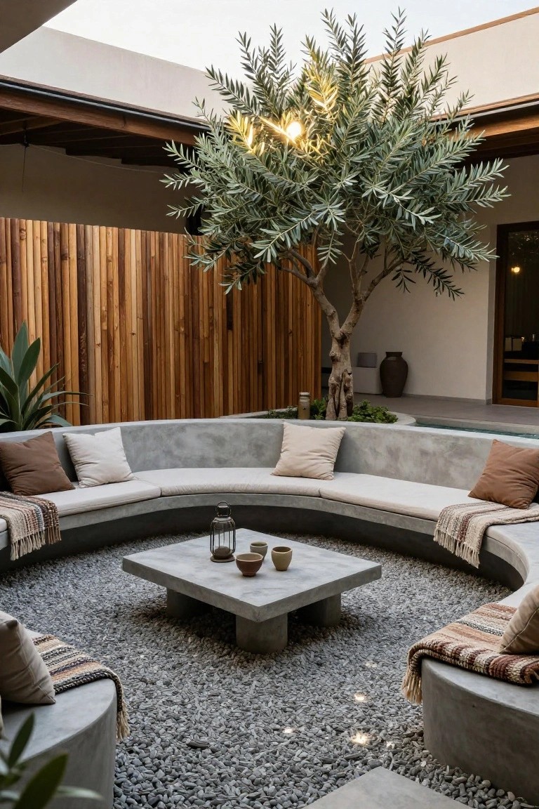 Curved gray concrete bench seating with beige and brown cushions arranged around a low concrete table on gravel ground in an outdoor poolside courtyard, with an olive tree, bamboo fencing, and potted plants nearby.