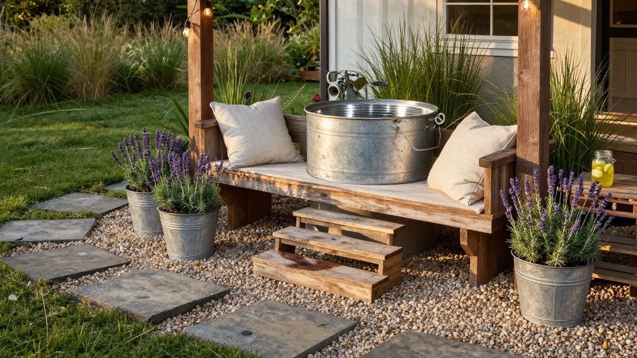 Wooden bench with beige cushions on a porch platform with steps, surrounded by galvanized metal tubs planted with lavender and other greenery, a jar of lemonade on the bench, string lights overhead, and a gravel path nearby.